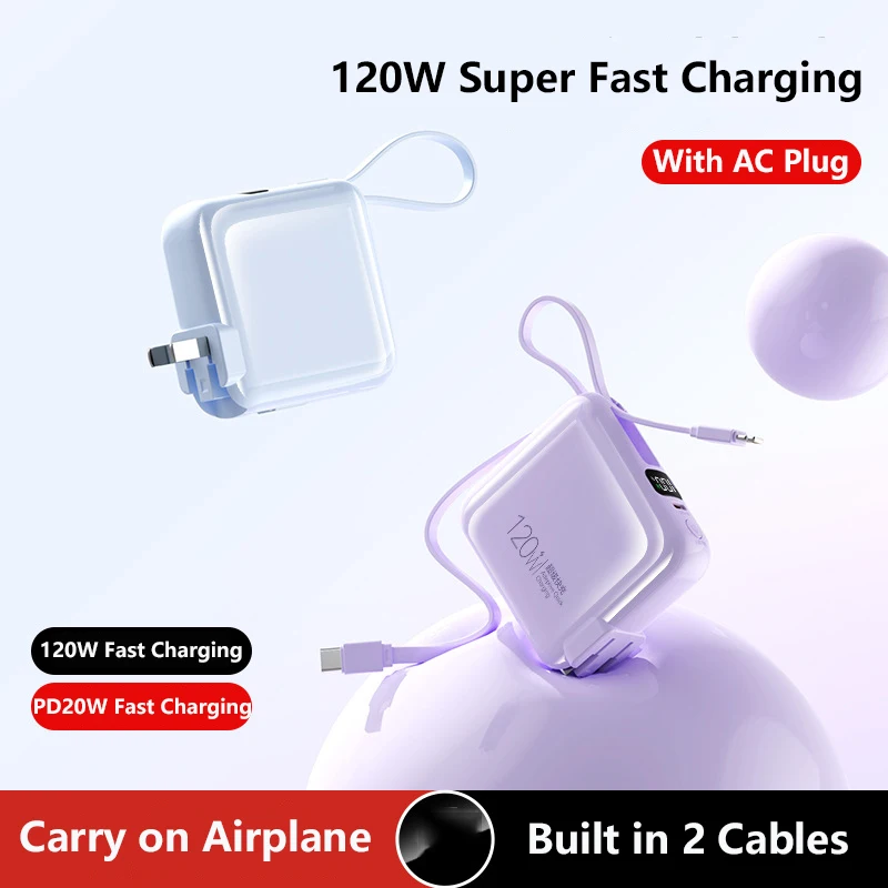 

120W Super Fast Charging Power Bank Wall Charger with Cable Plug for iPhone Xiaomi Samsung Mini Powerbank Spare Battery 20000mAh