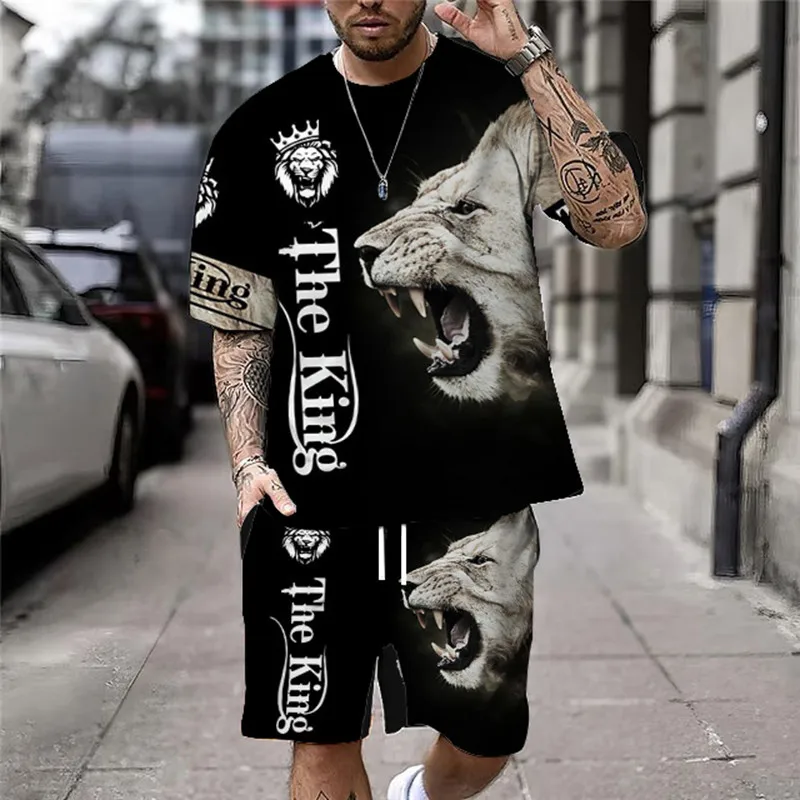 Summer Casual Men\'s Classic Lion Print T-Shirt Set Vintage Streetwear Loose Oversized Breathable Soft Short Sleeves And Shorts