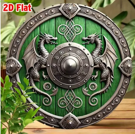 2D Flat Viking Shield Round Metal Sign, Red & Silver Norse Battle Axe Wall Decor for Man Cave & Medieval Fans