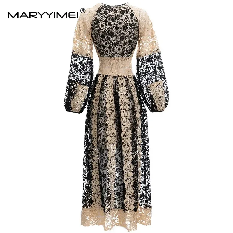 MARYYIMEI Fashion Runway Autumn Winter Women Dress O Neck Lantern sleeve Lace Hook Flower Hollow Belted Vintage Party Dress