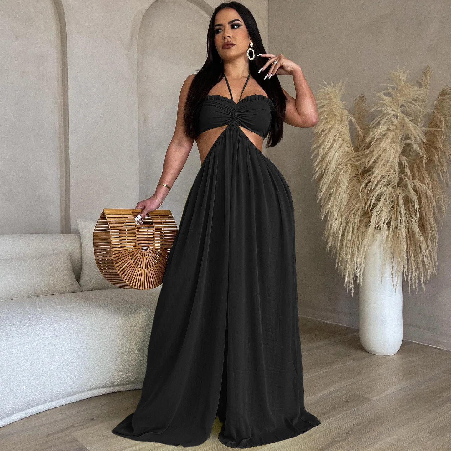 

High Waist Wide Leg Jumpsuit Women Elegant Solid Color Chiffon Backless Halter Bodysuit