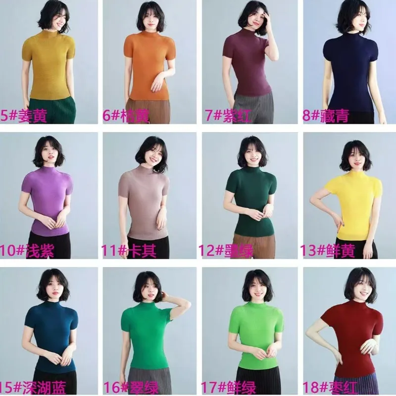 

Miyake Pleat Japanese Classic Corn Pleat Short Sleeve Minimalist Versatile High Neck Pullover Top Fashion Stretch T-Shirt Women
