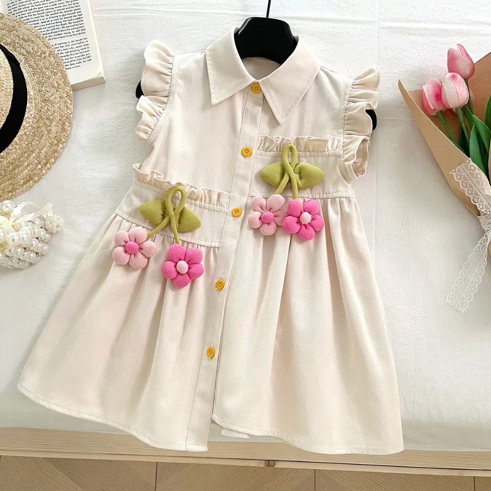 

Корейская версия, новое летнее бежевое однобортное однобортное платье принцессы с летающими рукавами и лацканами, повседневная детская одежда