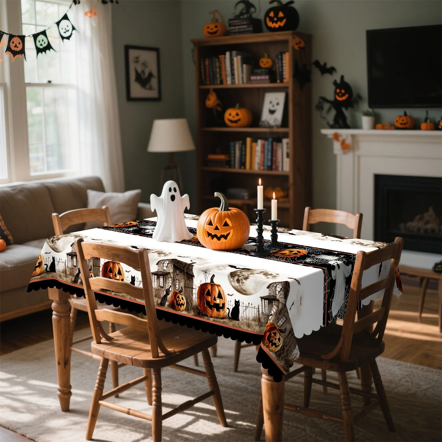 Retro cottage pumpkin moon fence cat broom Halloween tablecloth, suitable for horror party decorationzyc