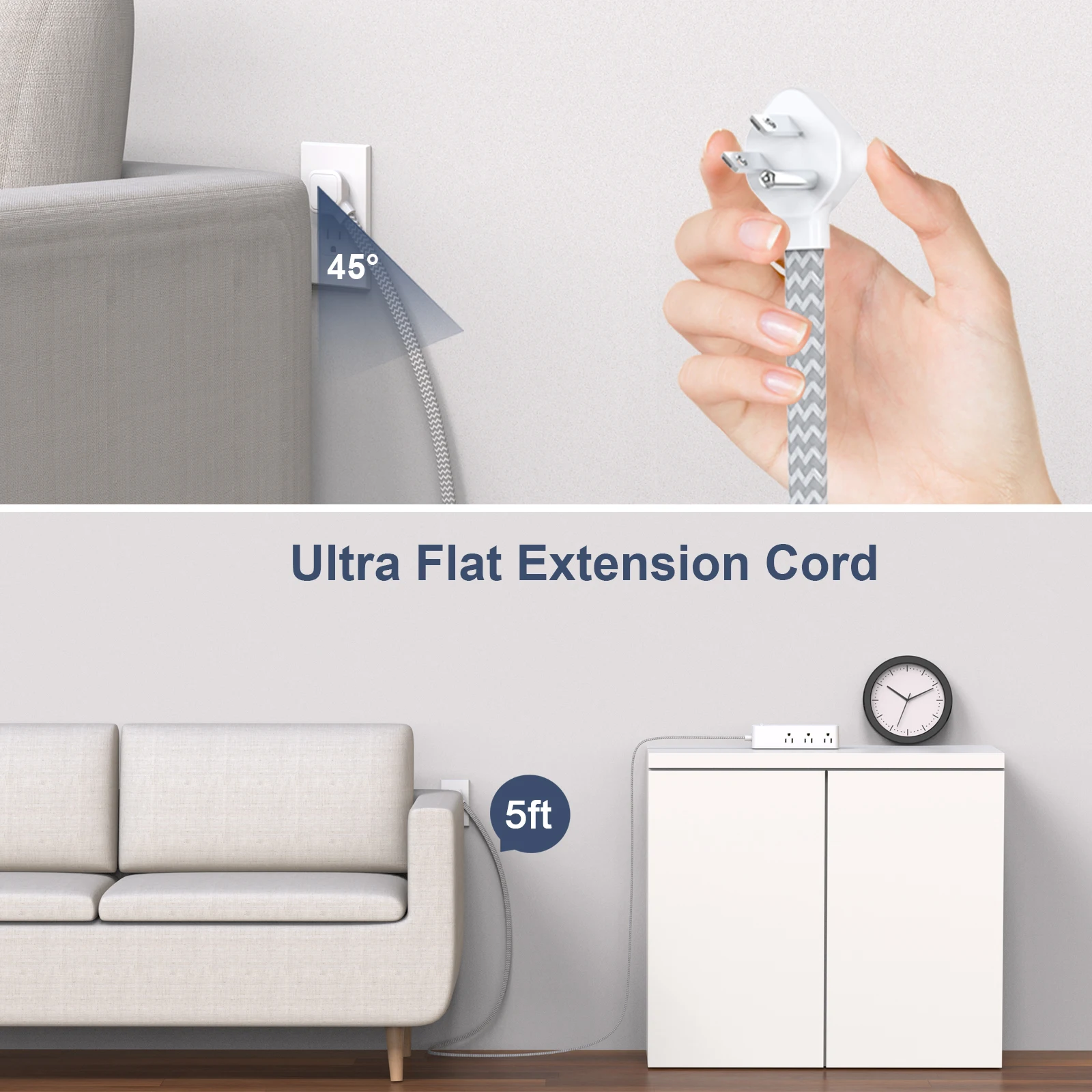 9-in-1 Surge Protector Power Strip with 6 Outlets and 5ft Braided Extension Cord,45° Ultra-thin plug wall socket for home office