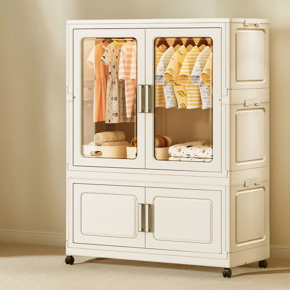 

Mobile Wardrobe Clothes Organizer with Haging Rod & Cabinet Clothing Storage Shelf with Wheels & Clear Window for Home Storage