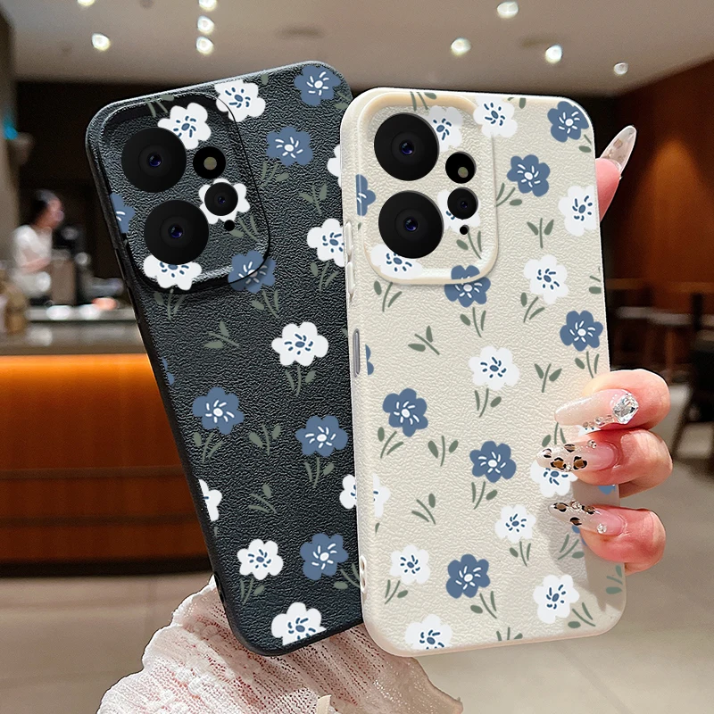 Leather Texture Silicone Phone Case For Xiaomi 13T Pro Funda Redmi Note 13 14 11 12 Pro 5G Luxury Blue Flower Print Soft Cover