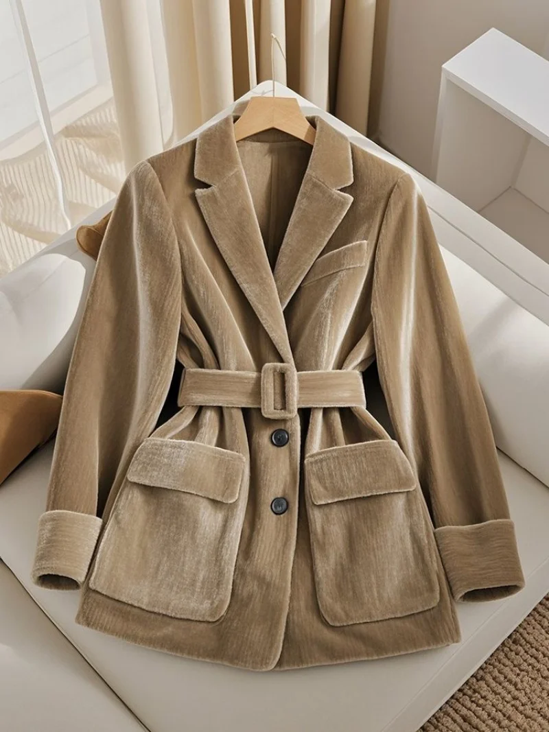 Khaki Trending Velvet Blazer for Women Winter Thickened Long Sleeve Lapel Jacket Stylish Versatile Outerwear With Belt 2025