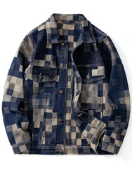 Mosaic plaid printed men's denim jacket 2024 new fashion trend retro high-end jacket casual loose big size tops