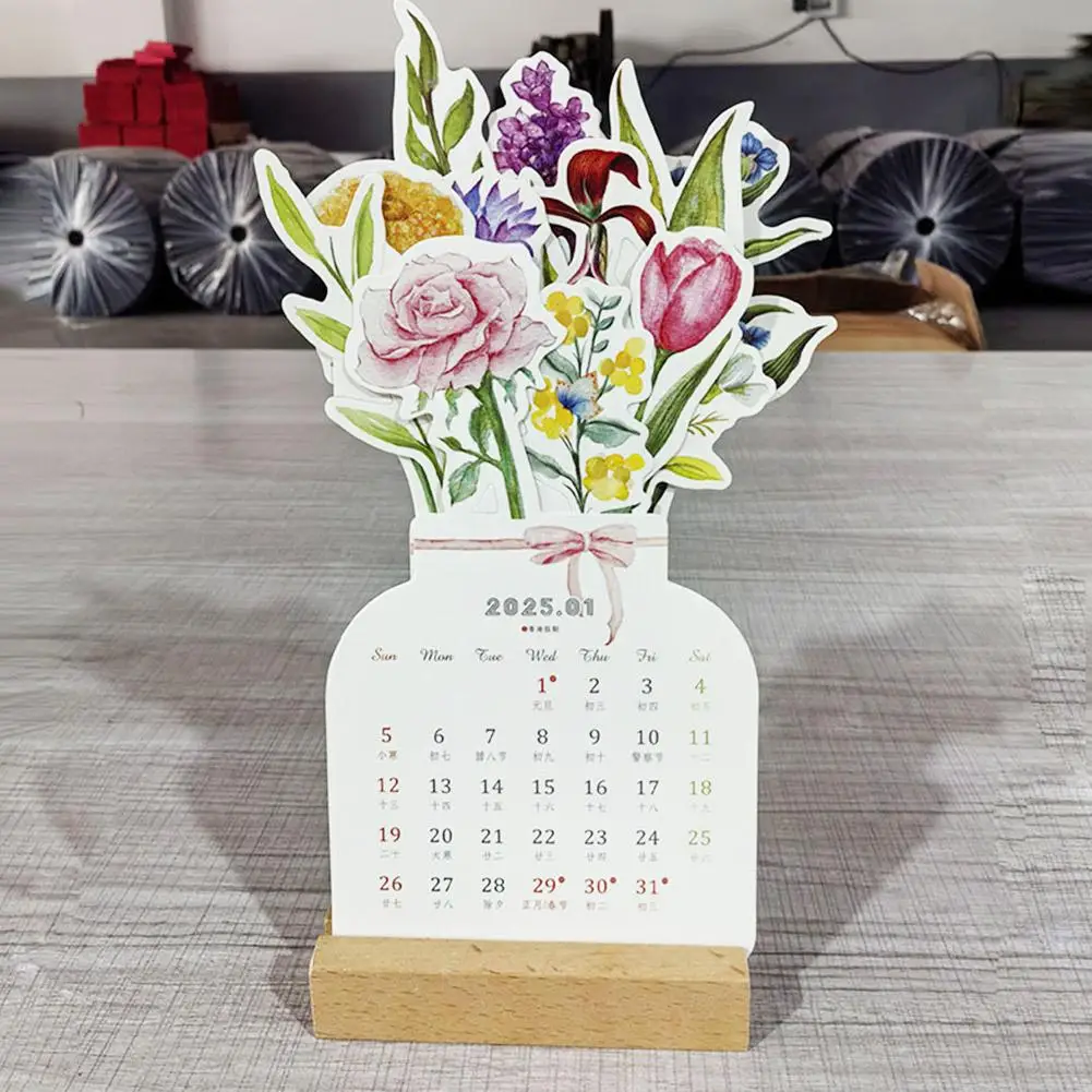 2025 Bloomy Flower Desk Calendar Creative Wooden Card Calendar Pretty Floral Desk Decor for Home Office Desktop Calendar