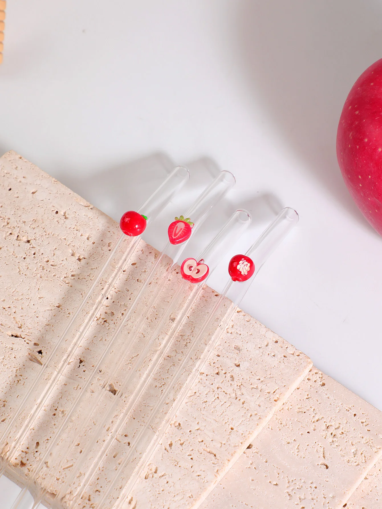 1/4PCS Reusable Glass Straws with Fruit Charms, Cute Bending Design, Clear Drinking Straw for Cold Drinks, Milk Tea, Coffee