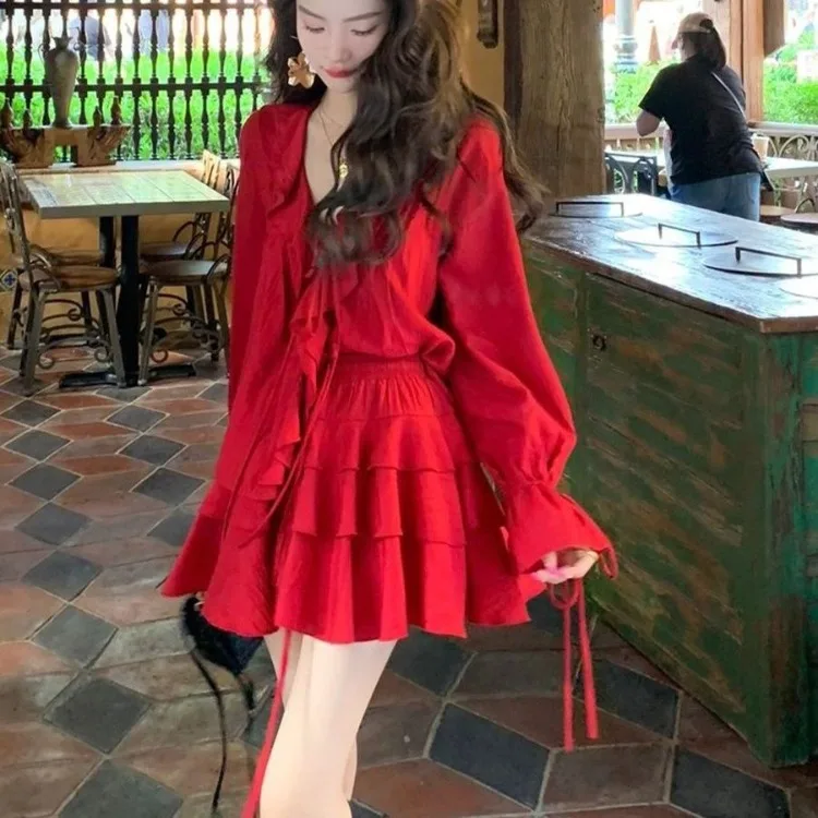 Elegant V-neck Ruffles Long Sleeve Tops Women+ Y2k E-Girl High Waist Ruched A-line Skirts Spring New Red Two Piece Sets