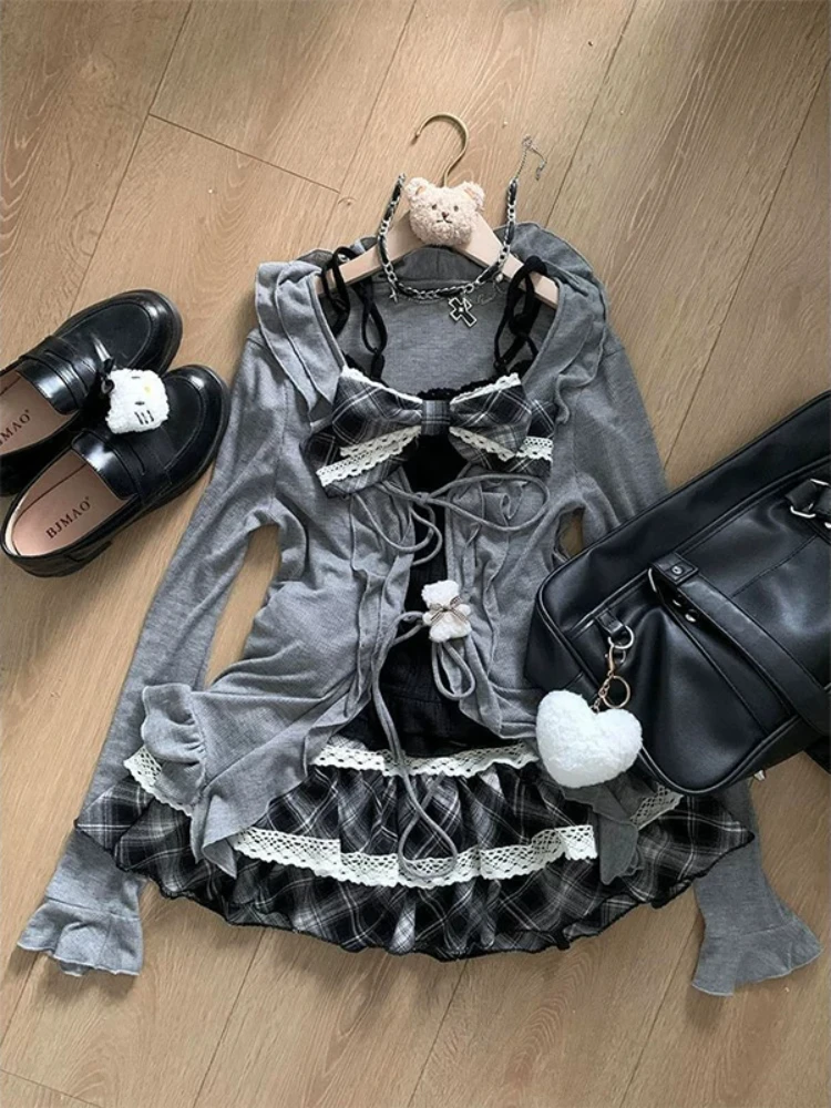 Harajuku Kawaii Japanese Lolita 3 Piece Suit Short Cardigan Slim Vest Puff Cake Skirt Casual Matching Outfit For Fashion Women