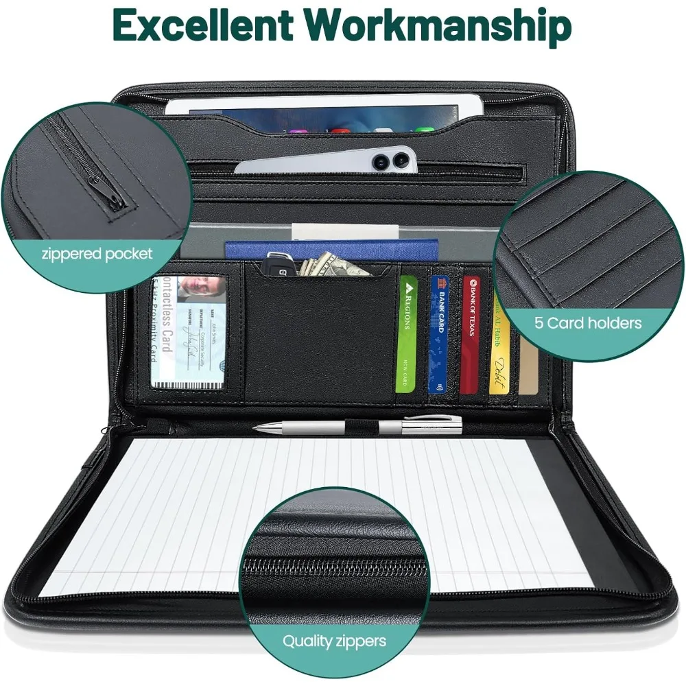 ผลงานธุรกิจสำหรับผู้ชาย 10 "x 13.5"แฟ้ม Padfolio พร้อมซิป, โฟลิโอหนังเทียมสำหรับใบสมัคร, เอกสาร, โทรศัพท์, แท็บเล็ต,