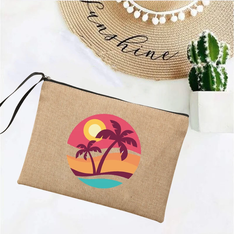 Hello Summer Linen Clutch Bag Women\'s Makeup Bags Beach Holiday Sunglasses Sunscreen Storage Pouches Travel Wash Organizer Gifts