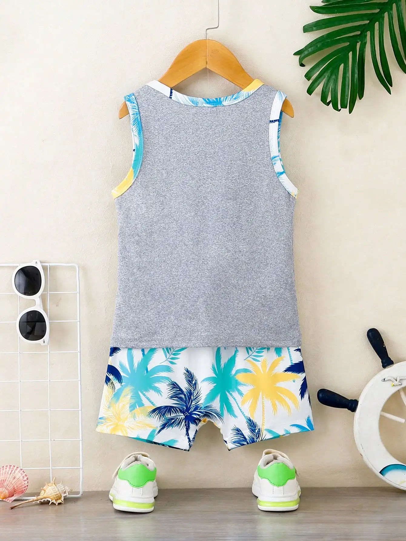 Summer Baby Boys Clothing Set Grey Sleeveless Tank Top with Palm Leaf Pocket & Tropical Palm Tree Print Shorts 2Pcs Casual Playw