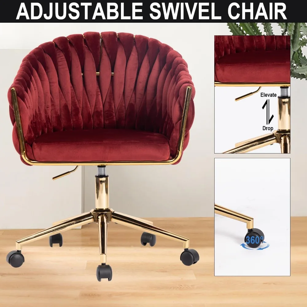 كراسي مكتب مخملية أنيقة بأرجل ذهبية، ارتفاع قابل للتعديل، عجلات، مصممة للنساء، بالإضافة إلى كراسي بذراعين مصنوعة يدويًا #3