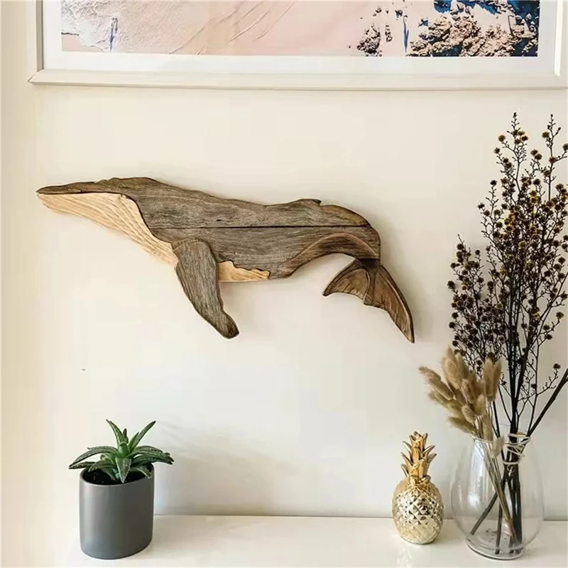 Wooden Sea Fish Decor Statue Whale Figurine Sculpture Ornament Rustic Decoration Wall Hanging Decoration,D Easy Install