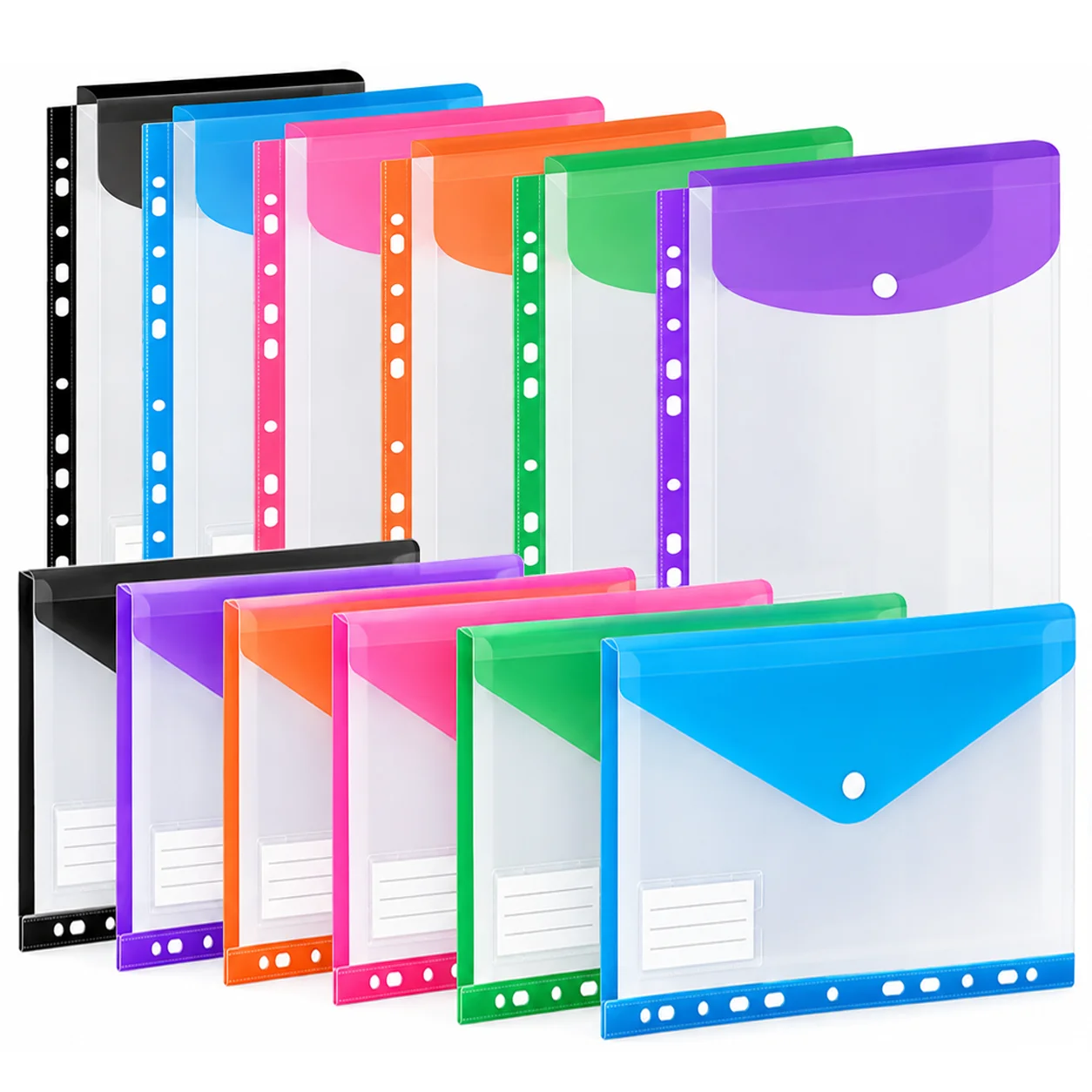 12PCS A4 File Bags, 6 Vertical + 6 Horizontal Clear Folders with Snap Closure, Label Pocket & 11-Hole Binder Strip