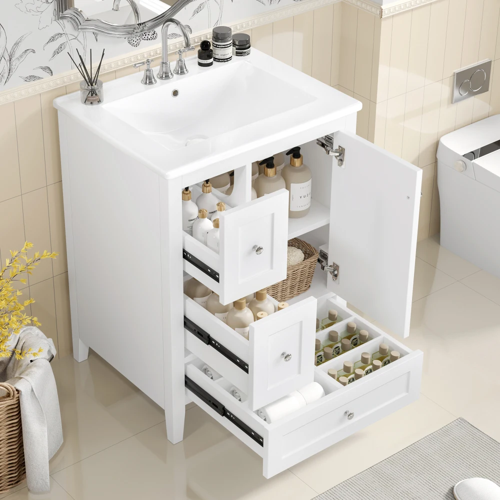 

"24-Inch Bathroom Vanity with Storage, Adjustable Shelf, MDF & Rubberwood, Removable Dividers, Glossy White Finish"