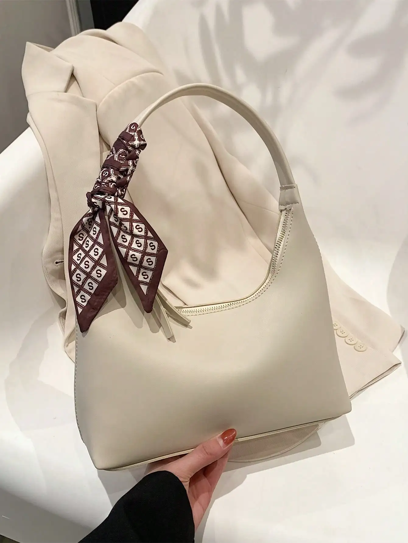 

Cream Hobo Bag with Detachable Patterned Scarf Accent, Medium Size, Zipper Closure