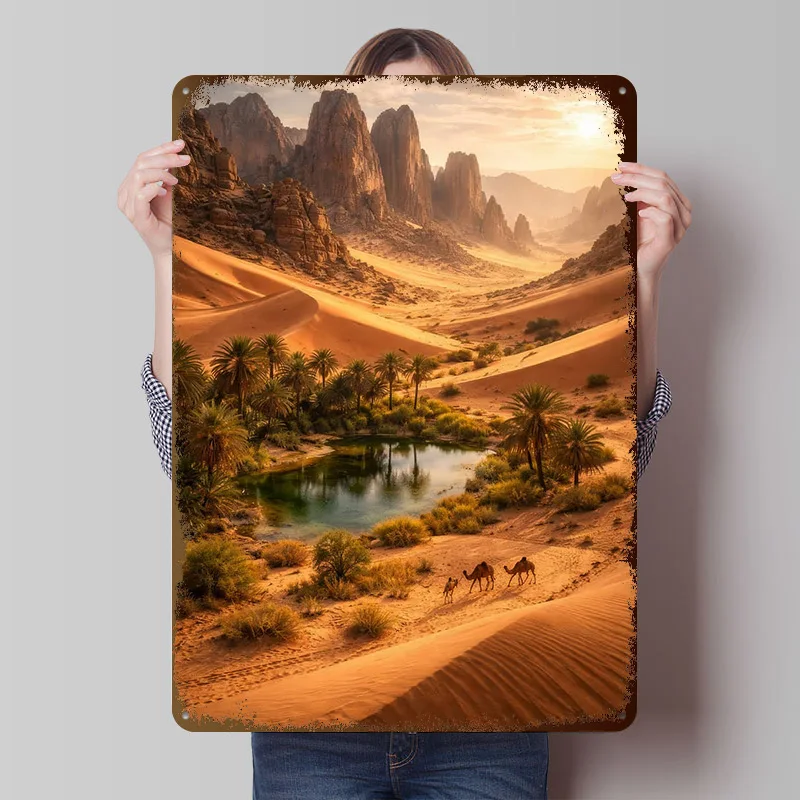 Wüstenoase mit Kamelen Poster, personalisierte Vintage-Metallschilder, Wandkunst, Retro-Blechschild für Gamer-Dekoration, Gaming-Dekor, Zimmer