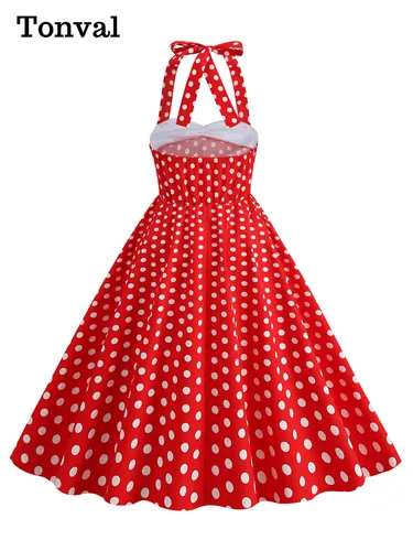 Imagen 2 del producto Tonval-ropa Retro de los años 50 con estampado de lunares y cuello Halter para mujer, vestidos de algodón plisados de fiesta Vintage de noche sin espalda