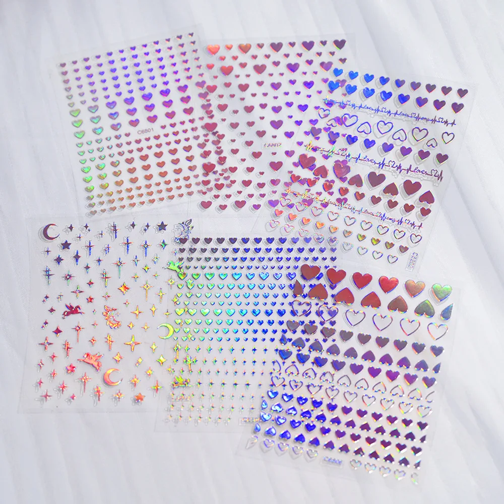 5pcs Aurora Colorful Love Nail Stickers Laser Rainbow Stars Moon Starlight Heart Self Adhesive Nail Slider Nail Art Decoration