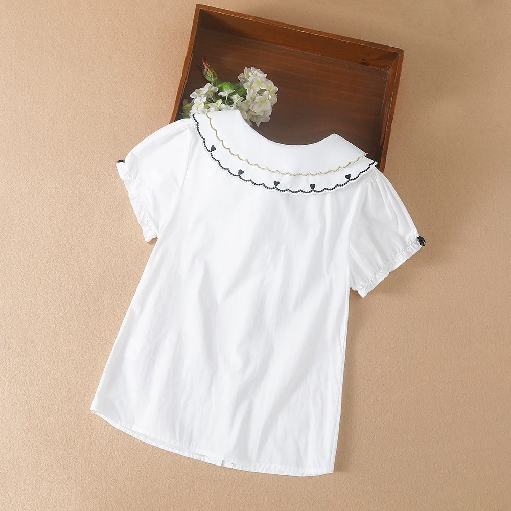 Girls Blouse Shirt High-quality Summer Short Sleeve Cotton Causal White Embroidered Tops For 5-12 Years Kids Clothes