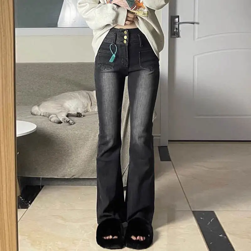

Джинсы-колокольчики с высокой талией, женские эластичные черные футболки с пуговицами, облегающие длинные брюки, весна-лето, осень, мода