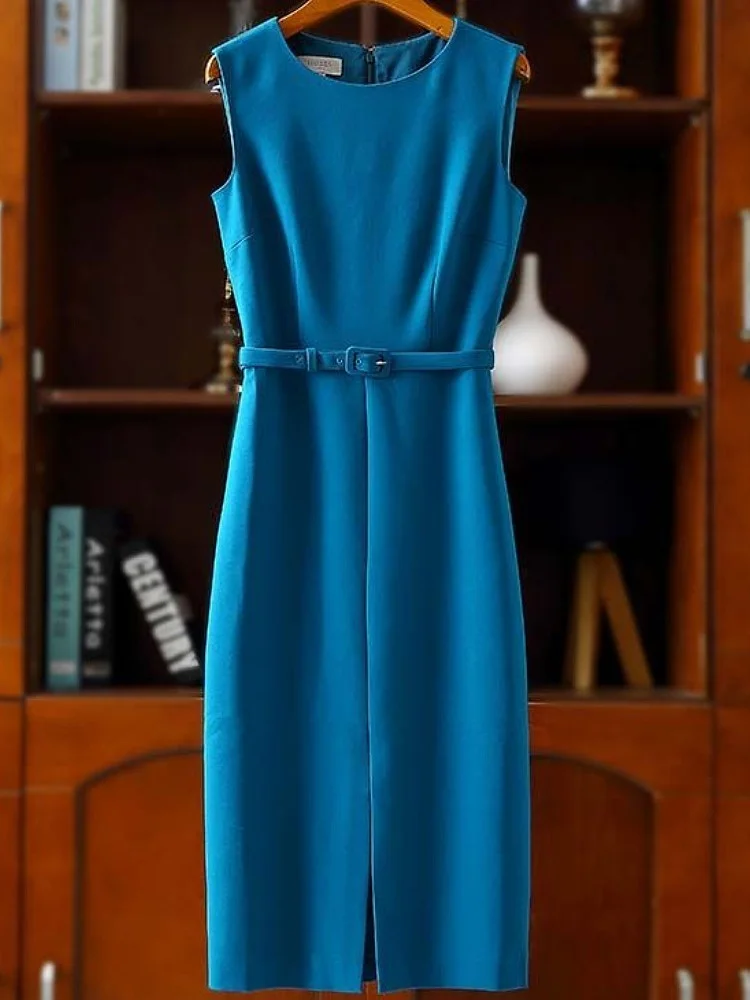 Elegant round Neck Sleeveless Women's Dress Summer New Design Belted Split High Waist A-Line Midi Skirt for Commuting