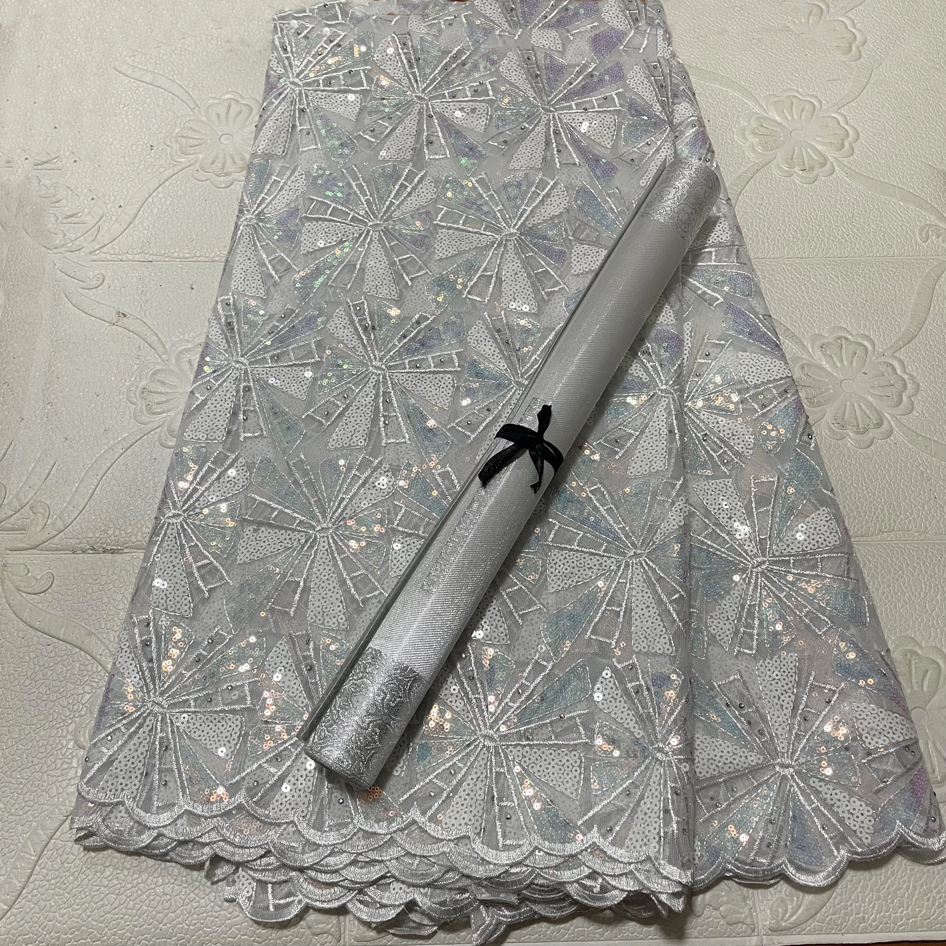 

Luxury Nigerian Voile Net Lace Fabric High Quality African Guipure French Lace Material 5Yards With 3D Sego Headtie Wrap 2PCS