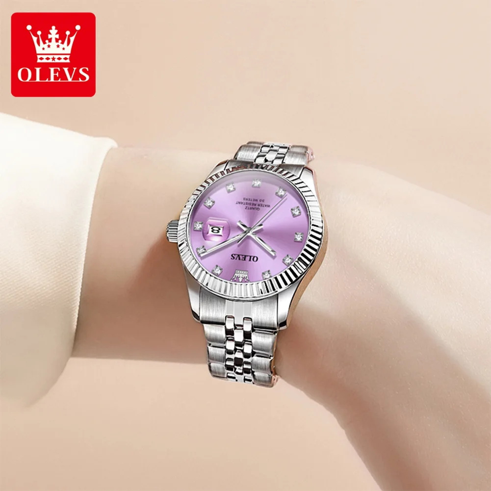 OLEVS Brand Elegant Fashion Luxury Design Women's Quartz Watch Original Stainless Steel Waterproof Calendar Watches for Women