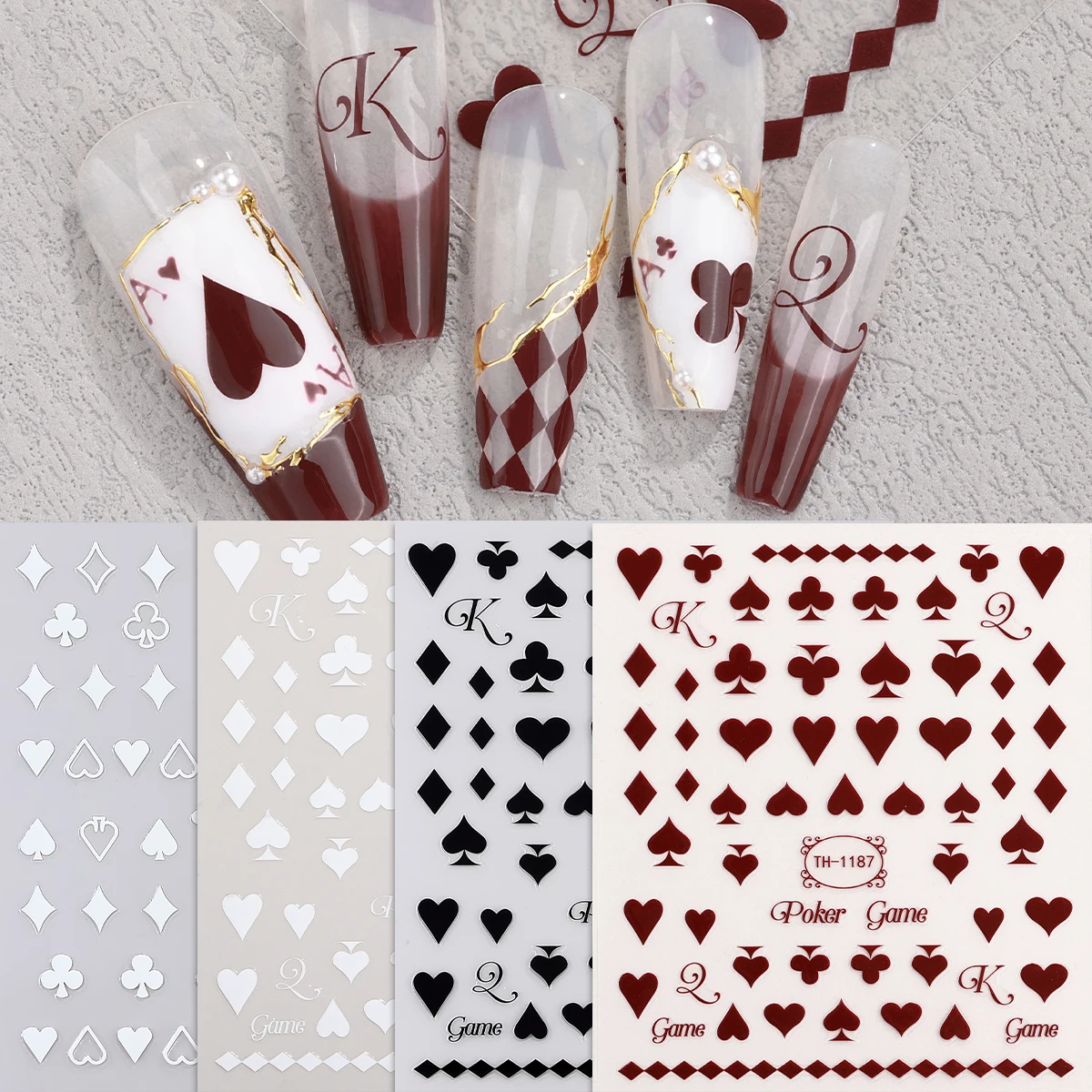 

4pcs Red Black Poker Nail Art Sticker 3D Playing Card Self-Adhesive Nail Decals Sliders for Nails DIY Manicure Decoration