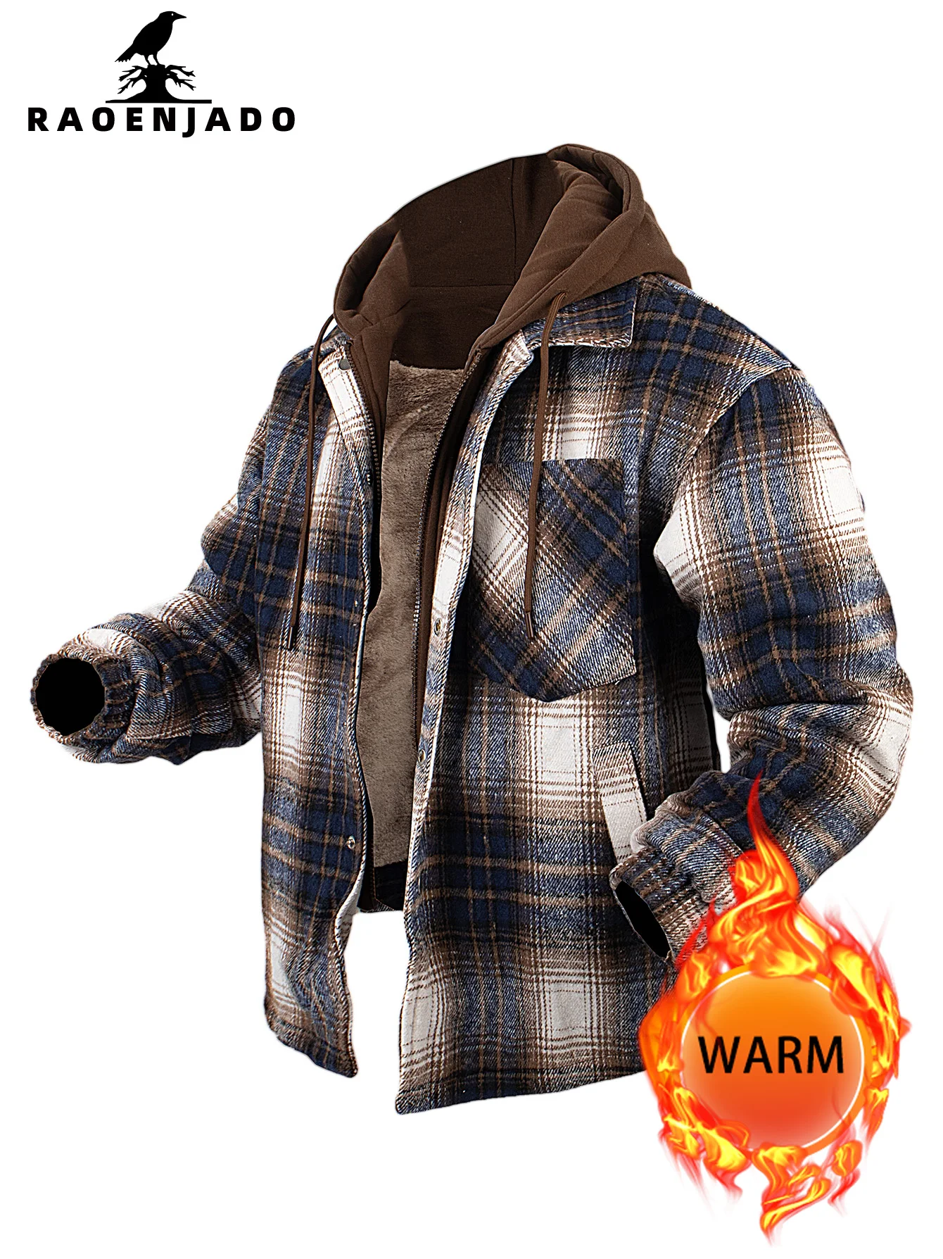 

Men's Hooded Heavy-Duty Plaid Shirt Jacket Warm Autumn&Winter Faux two-piece Zipper & Button Outerwear Retro Casual Trendy Coat