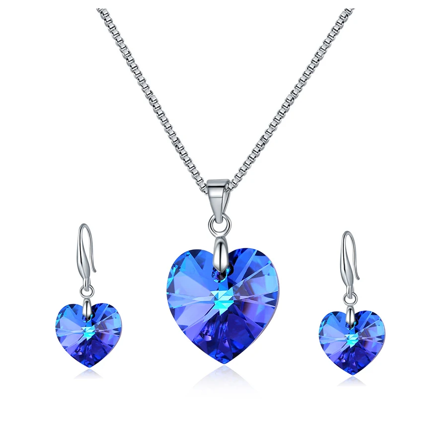 Romantic Heart Jewelry Sets Silver Color Crystals from Austria Pendant Necklace Drop Earrings for Women Wedding Anniversary