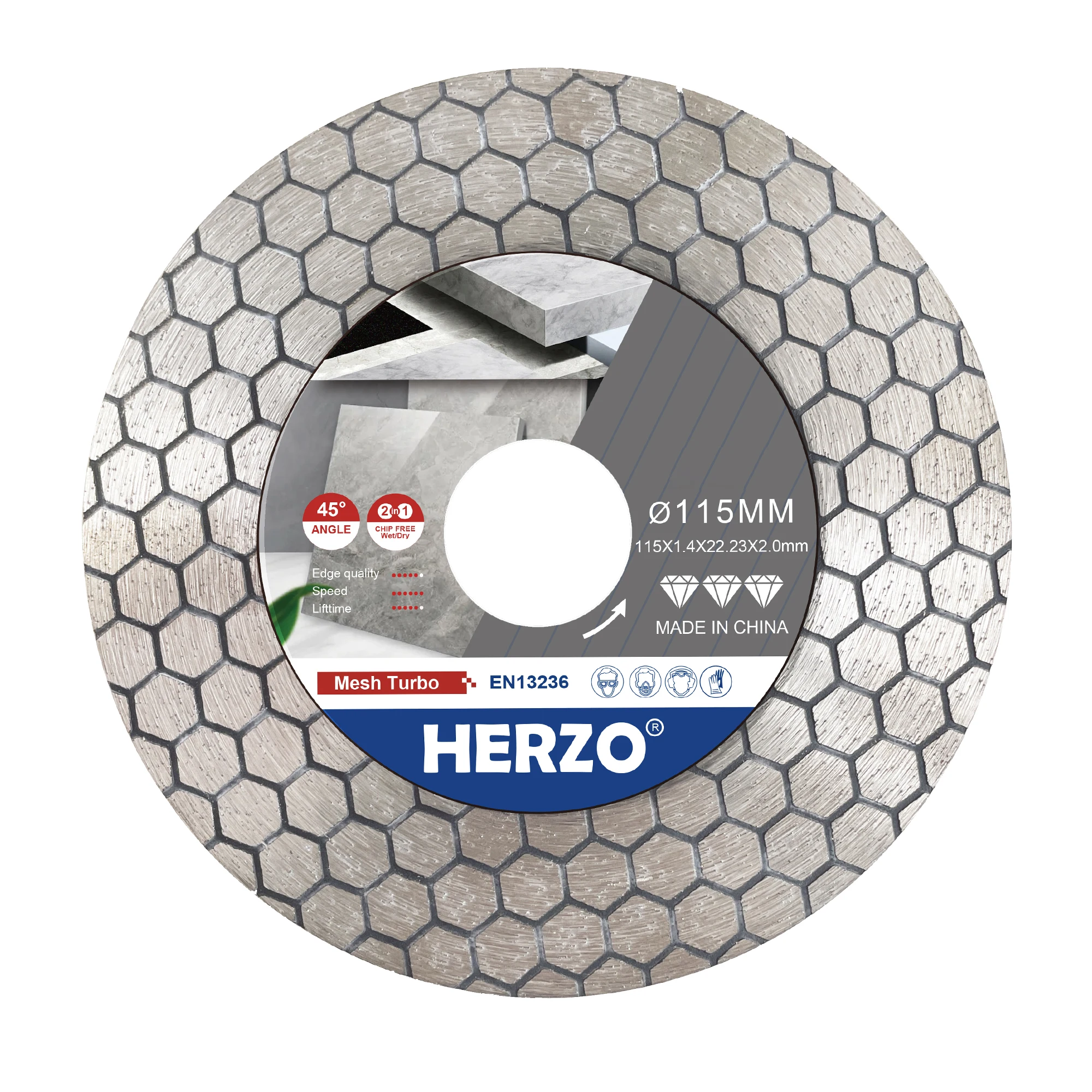 

HERZO 115MM Hot Press Hexagonal Corrugated Tile Saw Blade 115mm, 2-in-1 for Straight Tile Cutting & 45° Bevel Edge Finishing