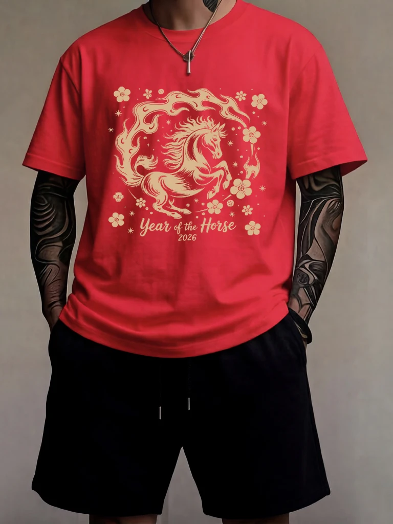 

2026 Year Of The Horses Print Loose New Street Sportswear To Mens Suit Stretch Summer Short Pants Cotton Daily Simple Short