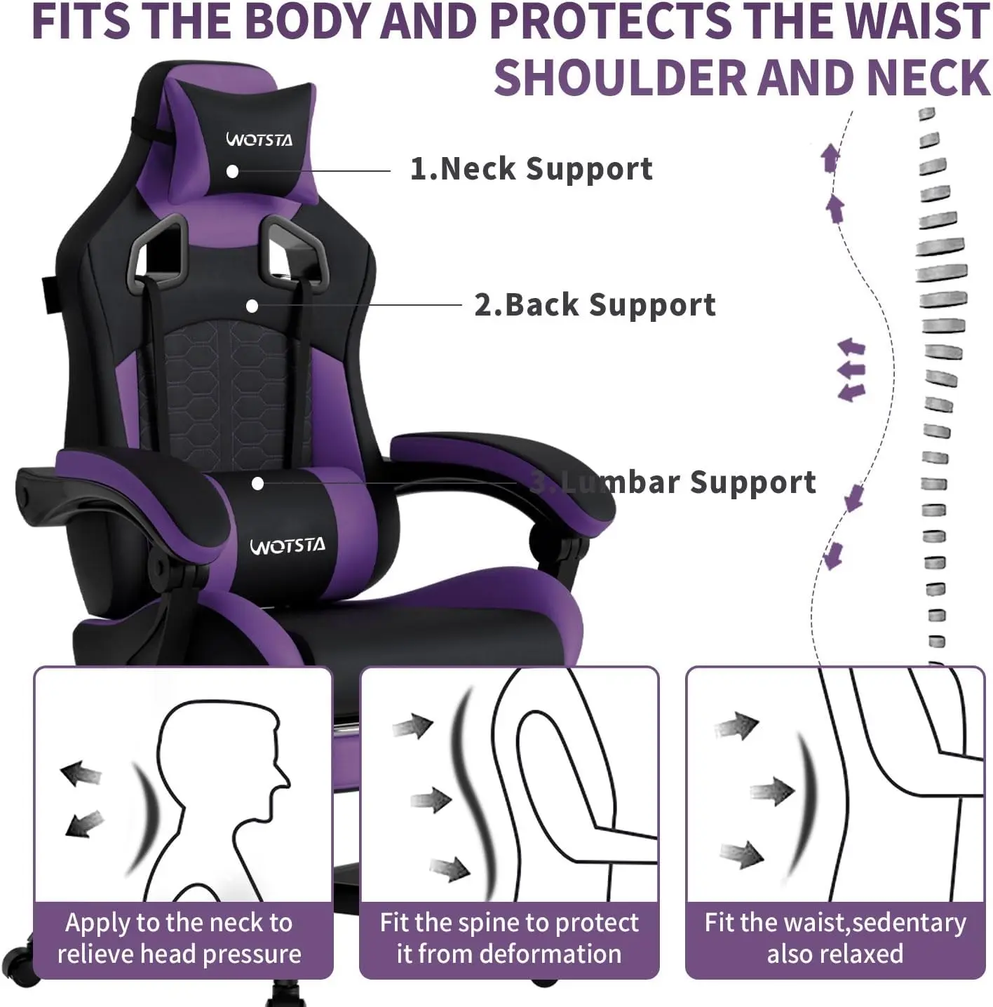 Gaming Chair with Massage,Ergonomic PC Gaming Chair with Footrest Comfortable Headrest and Lumbar Support,High Back Game Chair PVC Leather,300LBS (BlackPurple) view 6