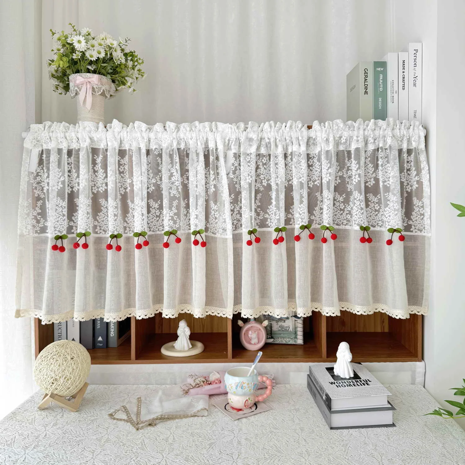 

Pastoral Cute Cherry Lace Short Curtain For Kitchen, Rustic Lace Valance,Splicing Half Curtains, Small Curtains for Window decor