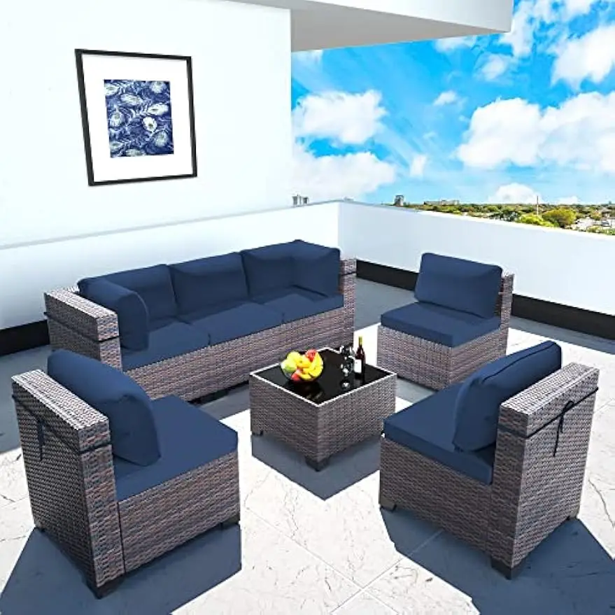 Outdoor Rattan secional Móveis Set, vime, substituível, almofadas impermeáveis, Coffee Table