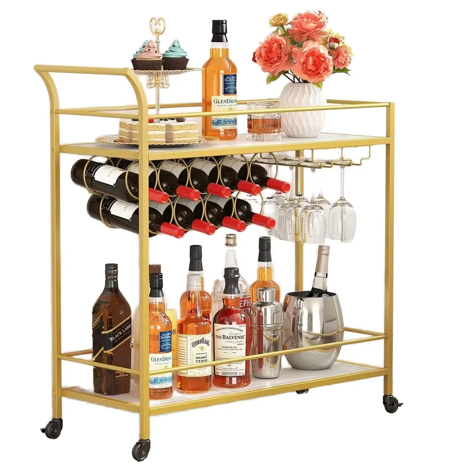 2-Tier Gold Industrial Design Style Bar Cart with 9 Wine Bottle Rack for Home Kitchen Living Room Hotel Serving Workshop Trolley