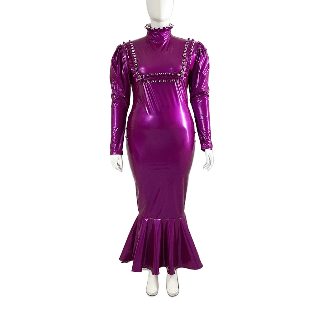 Women's Sexy Long Sleeve Mermaid Dresses, Slim Bodycon,Glossy PVC Leather Dress,Ruffles Turtleneck,Evening Party Dress,Prom Robe