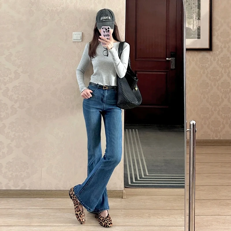 Jeans in denim Bot a campana foderati in Fce a vita alta retrò Pantaloni invernali da donna caldi e dimagranti drappeggiati fino al pavimento