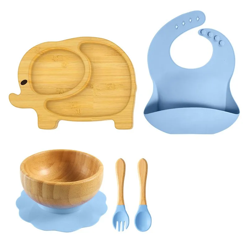 5Pcs/Set Baby Dinner Plate Bib Fork Spoon Feeding Bamboo Bowl Kids Feeding Animal Tableware Wood Non-slip Children Tableware