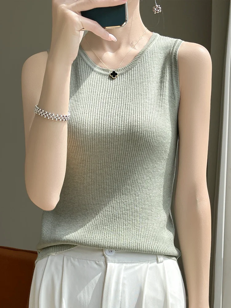 Camiseta sin mangas de punto de lana ajustada para mujer, chaleco con capa Base, correa redonda Ne, novedad de verano, ropa interior Sle Faionable