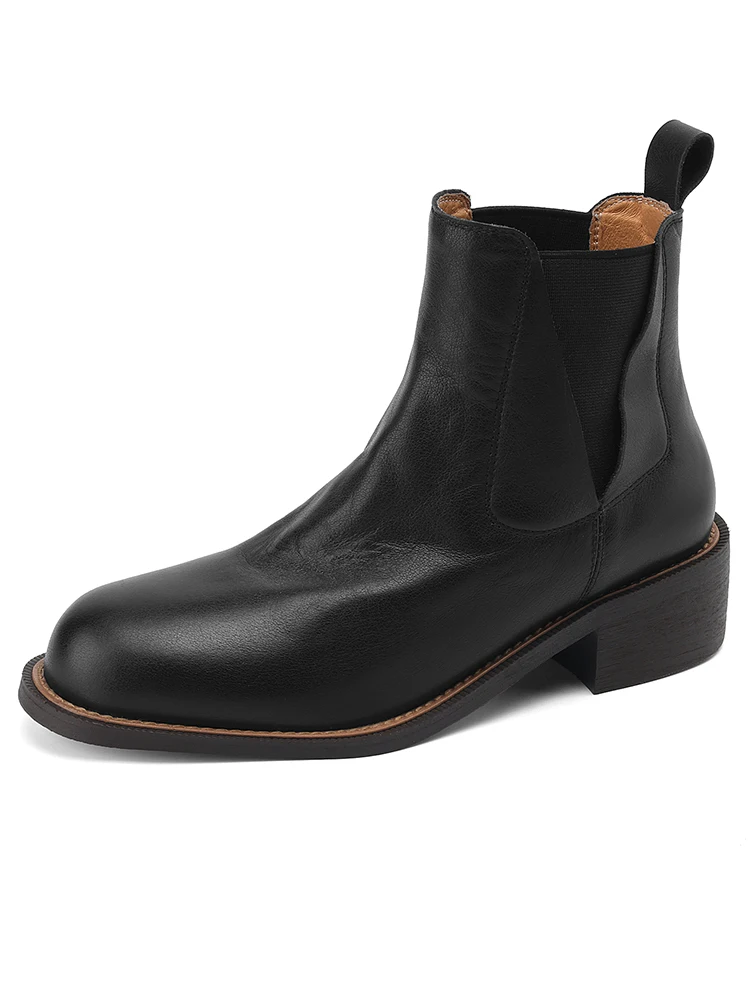 Genuine Leather Women Chelsea Boots New 2024 Spring Autumn Round Toe Ankle Boots Black Brown Retro 4.5CM Mid Block Heeled Shoes