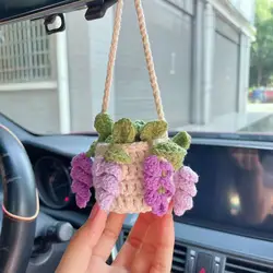 NEW 2024 Car Pendant Plant Flowers Car Decoration Rearview Mirror Decoration Hand-crocheted Hook Woven Pot Plant Hanging
