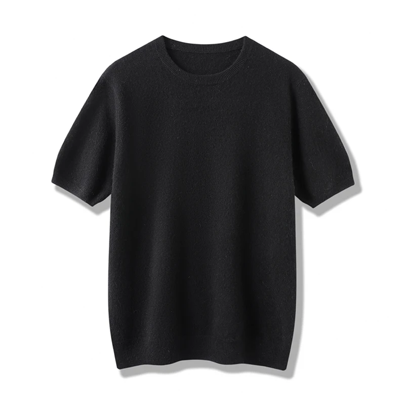 100% Pure Cashmere Men's Short Sleeve T-Shirt Loose Pullover Thin Sweater Base Solid Color Crew Neck