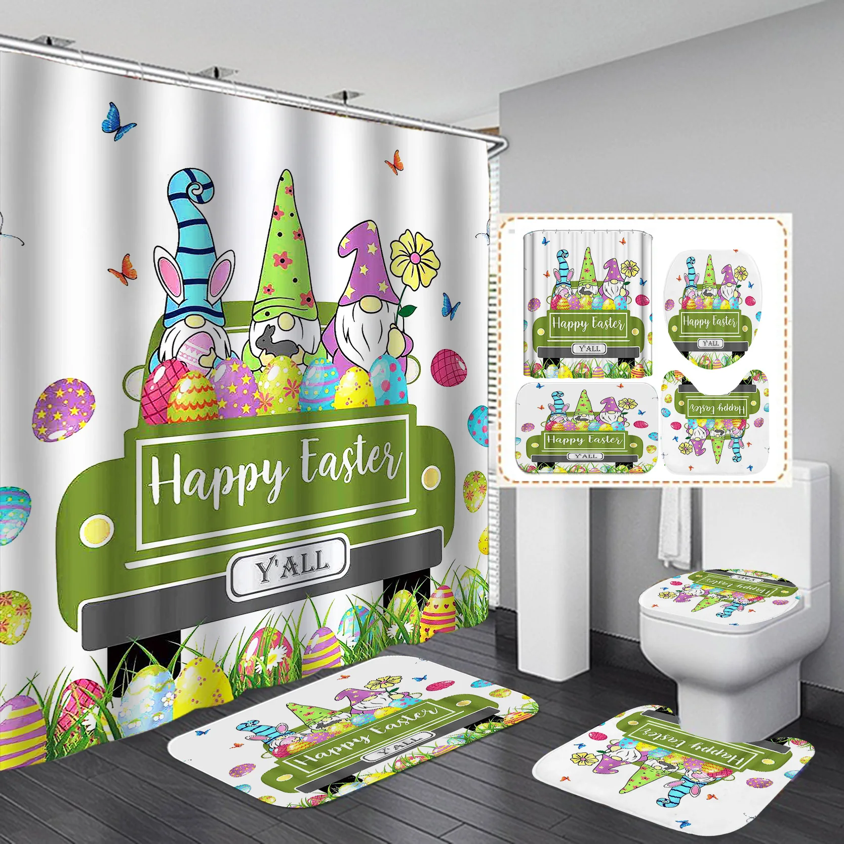 Happy Easter Shower Curtain, Waterproof Quick Drying, Fade Mold Resistant, Washable Bathroom Decor Curtain with 12 Hooks